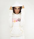 Fashion model in white hoody