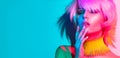 Fashion model woman in colorful bright lights, portrait of beautiful party girl with trendy make-up and haircut Royalty Free Stock Photo