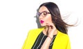 Fashion Model woman in glasses. Business wear look style, Beauty sexy model girl in trendy yellow blazer wearing glasses