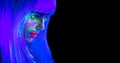 Fashion model woman in neon light. Beautiful model girl with colorful bright fluorescent makeup isolated on black. Ultraviolet