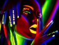 Fashion model woman in neon light. Beautiful model girl with colorful fluorescent makeup