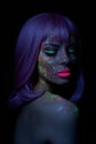 Fashion model woman in neon light bright fluorescent makeup, long hair, drop on face. Beautiful model pink hair girl colorful make Royalty Free Stock Photo