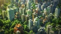 A fashion modeling-style photograph featuring a miniature city: a sprawling metropolis with tall buildings and numerous