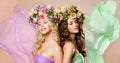 Fashion Models Flowers Wreath Hairstyle, Two Happy Women Beauty Portrait, Rose Flower in Hair