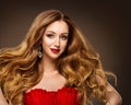 Fashion Models Hairstyle Beauty Portrait, Beautiful Woman Red Lips Makeup and Long Brown Hair