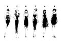Fashion models in sketch style. Collection of evening dresses. Female body types.