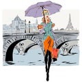 Fashion models in sketch style fall winter with Paris city background