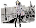 Fashion models in sketch style fall winter with Paris city background