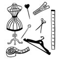 Fashion modern doodle clothes hanger, dummy, sawing tools. Vector illustration.