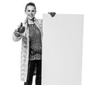 Fashion-monger showing blank board and thumbs up Royalty Free Stock Photo