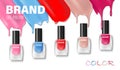 Fashion nail lacquer assortment with beautiful bright colors. Nail polish poster for Cosmetics design. 3d Vecror