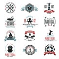 Fashion nautical logo sailing themed label or icon with ship sign anchor rope steering wheel and ribbons travel element Royalty Free Stock Photo