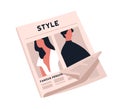 Fashion newspaper with crumpled page vector flat illustration. Paper magazine sheet with stylish man and woman image Royalty Free Stock Photo