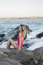 Fashion outdoor photo of gorgeous woman with blond hair in elegant bikini Royalty Free Stock Photo