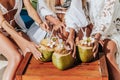 Friends relaxing on Maldive island, drinking coconut water Royalty Free Stock Photo