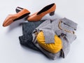 Fashion outfit with gray turtle neck, yellow bag Royalty Free Stock Photo