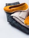 Fashion outfit jeans, yellow shoes, gray sweater Royalty Free Stock Photo