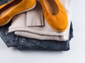 Fashion outfit jeans, yellow shoes, gray sweater Royalty Free Stock Photo