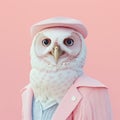 Fashion owl in coat and beret. Pink pastel color. Generative AI