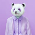 Fashion panda in suit. Purple monochrome portrait. Generative AI
