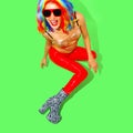 Fashion Party happy Lady in .multicolored wig and zebra boots. Club Disco style 90s. Minimal concept