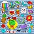 Fashion patch badge elements in cartoon 80s-90s comic style. Set modern trend doodle pop art sketch.