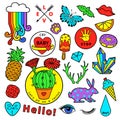 Fashion patch badge elements in cartoon 80s-90s comic style. Set modern trend doodle pop art sketch.