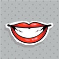 Fashion patch badge with lips whide smiling pop art style sticker with dot background