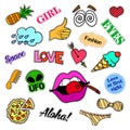 Fashion patch badges. Big set. Stickers, pins, embroidery, patches and handwritten notes collection in cartoon 80s-90s Royalty Free Stock Photo