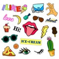 Fashion patch badges. Big set. Stickers, pins, embroidery, patches and handwritten notes collection in cartoon 80s-90s Royalty Free Stock Photo