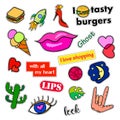 Fashion patch badges. Big set. Stickers, pins, embroidery, patches and handwritten notes collection in cartoon 80s-90s Royalty Free Stock Photo