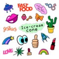 Fashion patch badges. Big set. Stickers, pins, embroidery, patches and handwritten notes collection in cartoon 80s-90s Royalty Free Stock Photo