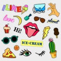 Fashion patch badges. Big set. Stickers, pins, patches and handwritten notes collection in cartoon 80s-90s comic style Royalty Free Stock Photo