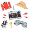 Fashion patch badges with camera, hat, bag, hipster sunglases vector set. Royalty Free Stock Photo