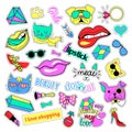 Fashion patch badges. Cats and dogs set. Stickers, pins, patches handwritten notes collection in cartoon 80s-90s comic Royalty Free Stock Photo