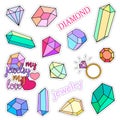 Fashion patch badges. Diamonds and jewelry set. Stickers, pins, patches handwritten notes collection in cartoon 80s-90s Royalty Free Stock Photo