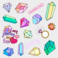 Fashion patch badges. Diamonds and jewelry set. Stickers, pins, patches handwritten notes collection in cartoon 80s-90s Royalty Free Stock Photo