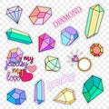 Fashion patch badges. Diamonds and jewelry set. Stickers, pins, patches handwritten notes collection in cartoon 80s-90s Royalty Free Stock Photo