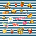 Fashion patch badges with different elements. Fast food. Set of stickers, pins, patches and handwritten notes collection