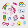 Fashion patch badges with different elements. Set of stickers, pins, patches and handwritten notes collection in cartoon Royalty Free Stock Photo