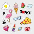 Fashion patch badges with different elements. Set of stickers, pins, patches and handwritten notes collection in cartoon