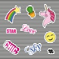 Fashion patch badges with different elements. Set of stickers, pins, patches and handwritten notes collection in cartoon