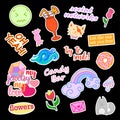 Fashion patch badges with different elements. Set of stickers, pins, patches and handwritten notes collection in cartoon Royalty Free Stock Photo