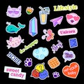 Fashion patch badges with different elements. Set of stickers, pins, patches and handwritten notes collection in cartoon