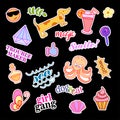 Fashion patch badges with different elements. Set of stickers, pins, patches and handwritten notes collection in cartoon