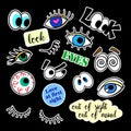 Fashion patch badges. Eyes set. Stickers, pins, patches and handwritten notes collection in cartoon 80s-90s comic style