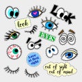 Fashion patch badges. Eyes set. Stickers, pins, patches and handwritten notes collection in cartoon 80s-90s comic style Royalty Free Stock Photo