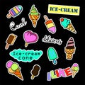 Fashion patch badges. Ice-cream set. Stickers, pins, patches and handwritten notes collection in cartoon 80s-90s comic