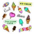 Fashion patch badges. Ice cream set. Stickers, pins, patches and handwritten notes collection in cartoon 80s-90s comic