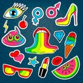Fashion patch badges with lips, kiss, heart, star, ice cream, lipstick, eye, shit, rainbow. Vector background over denim with cute